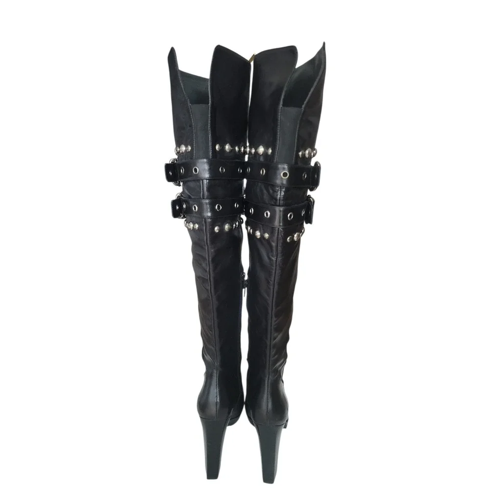 Stuart Weitzman Carnaby Black Leather Studded Buckle Over The Knee Heeled Boot 8